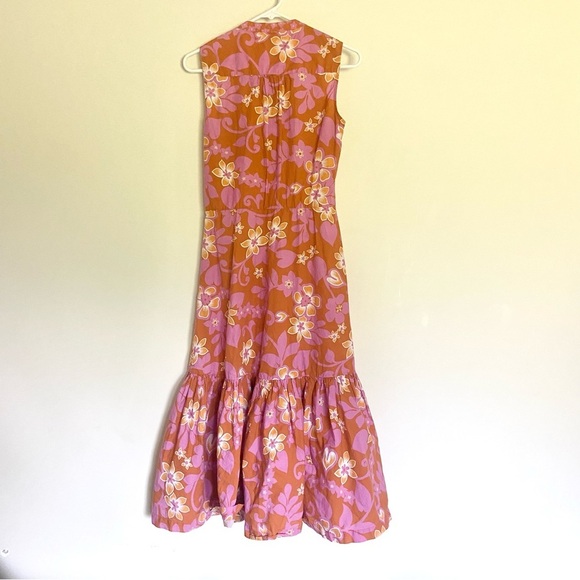 Warm Sierra Floral Pink Tiered Midi Dress Ruffle Trim Cotton Poplin Sz 1 - Picture 5 of 7